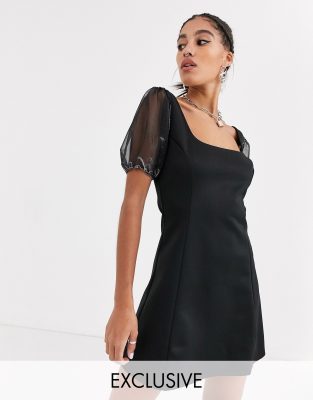 Another Reason square neck mini dress with organza puff sleeves-Black