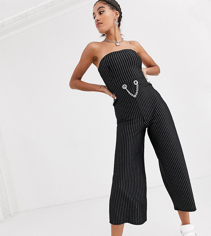 Another Reason strapless fitted jumpsuit in pinstripe with chain waist-Black