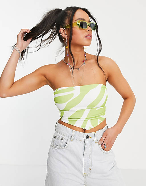Another Reason tie back bandeau crop top in green tiger