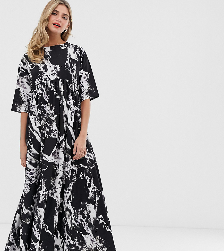 Another Reason tie back maxi smock dress in marble-Black