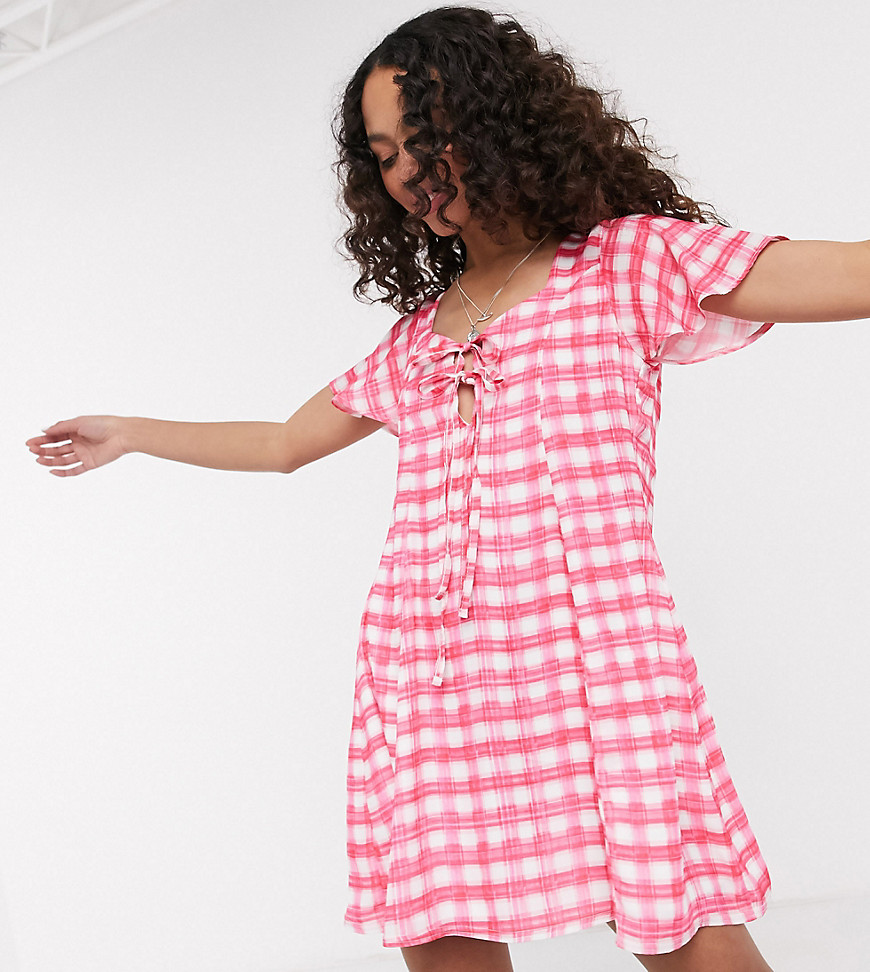 Another Reason tie front smock dress in pink check