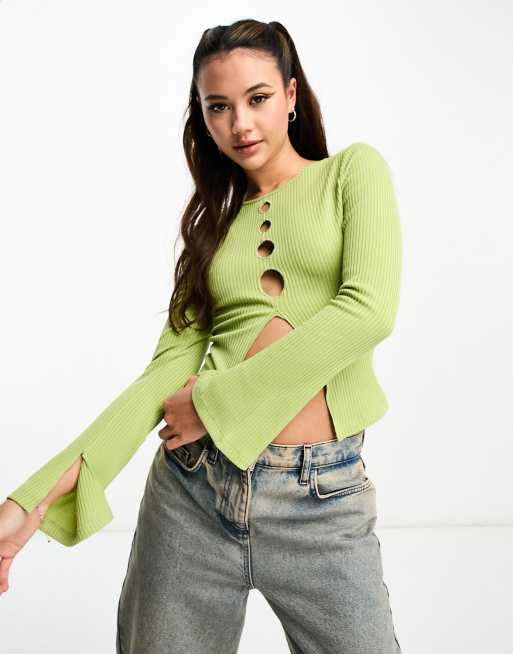 Another Reason - Top in jaren '90 stijl met uitsnijding, open voorkant en lange mouwen in pistache-groen