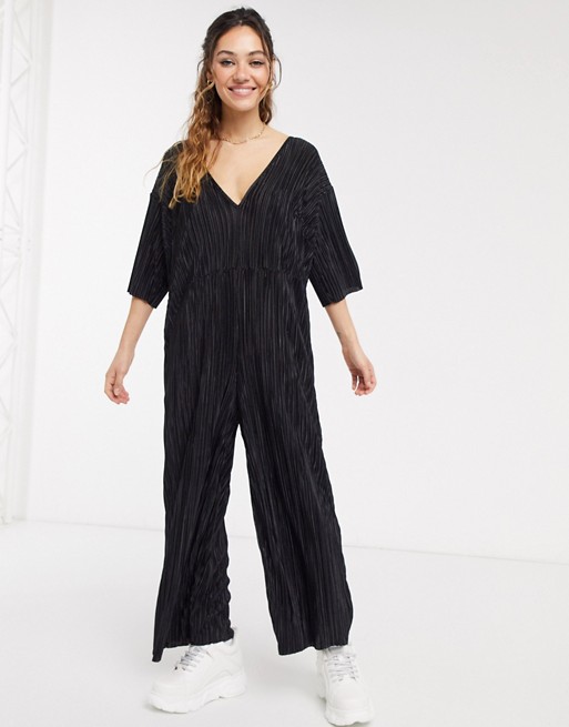 Another Reason wide leg plisse jumpsuit with deep plunge
