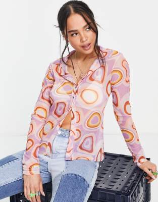 Another Reason y2k fitted mesh shirt in pink abstract graphic - ASOS Price Checker