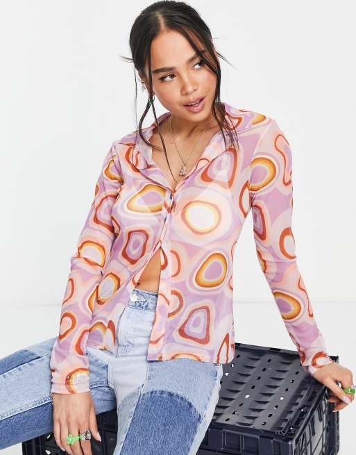 Mesh Print Long Sleeve Top, Mesh Long Sleeve Top Y2k