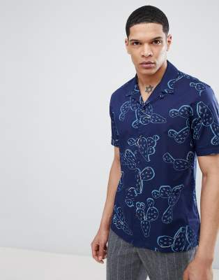 Antony Morato Revere Collar Short Sleeve Shirt In Blue With Cactus Print