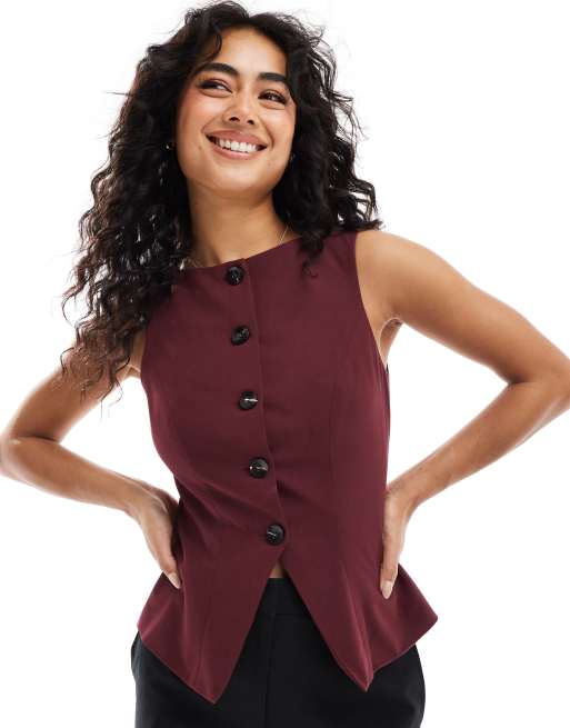AOS DESIGN high neck split front waistcoat in burgundy