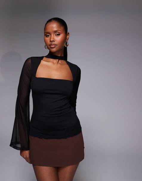 ASOS DESIGN mesh scarf top with angel sleeve in black