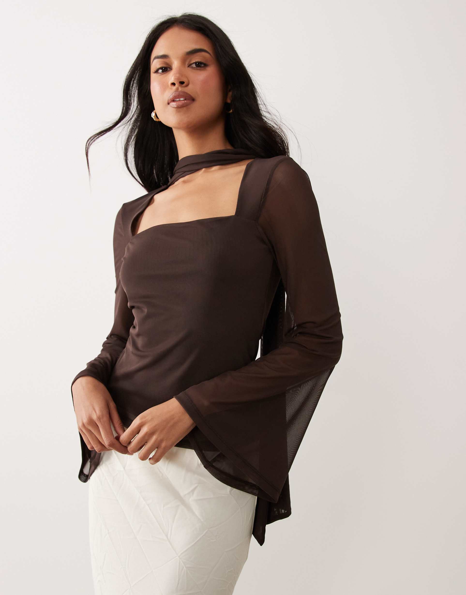 aos design mesh scarf top with angel sleeve in brown