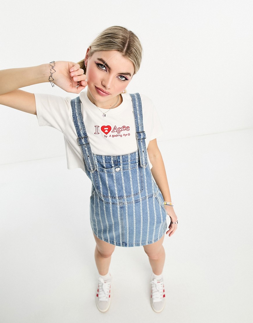 APEE by A BATHING APE striped denim dungaree mini pinfold dress in blue