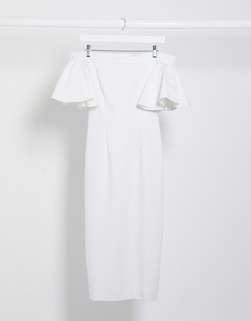 AQAQ bardot ruffle sleeve midi dress in white