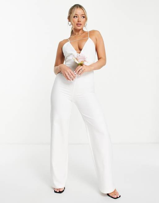 ASOS LUXE satin corsage plunge neck wide leg jumpsuit in champagne