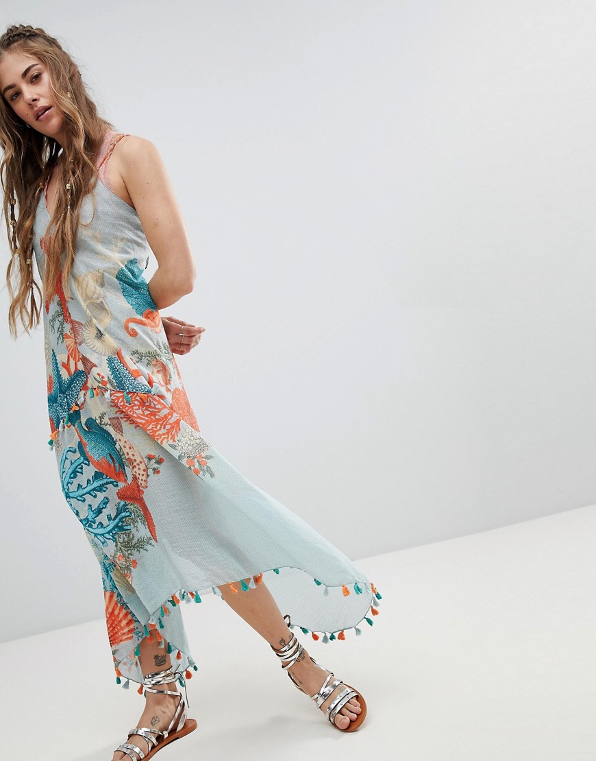 Aratta Cami Dress With Tassel Trim In Ocean View Print-Multi