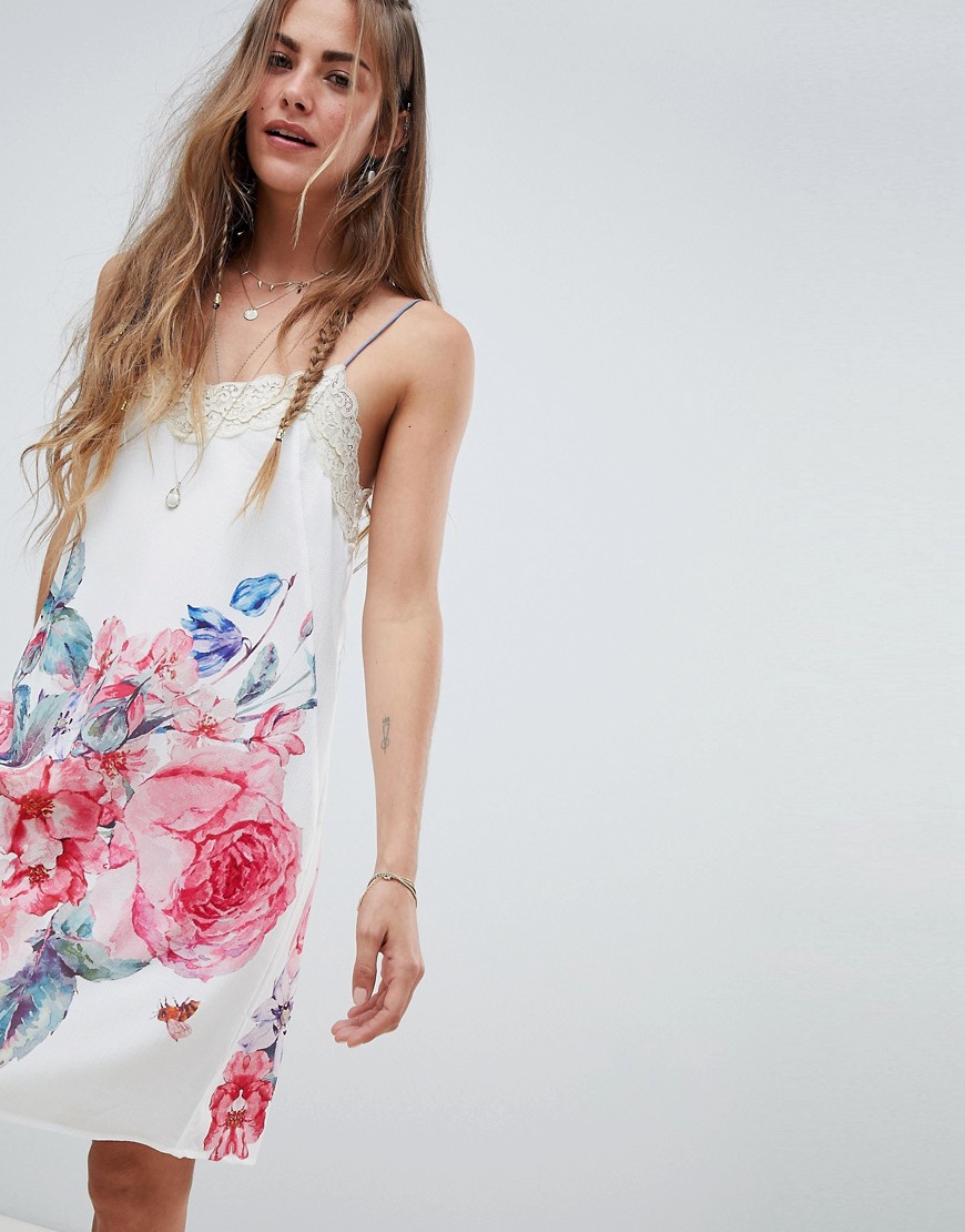 Aratta Cami Slip Dress In Floral With Lace Trim-White