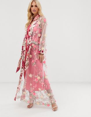 Aratta – Kimono i maxilängd med skir 3D-broderad mesh och knytband-Rosa