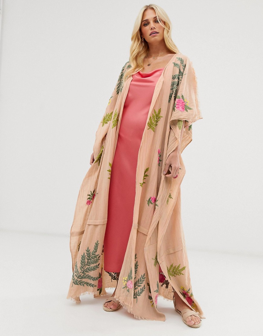 Aratta maxi kimono in linen with premium floral embroidery-Beige