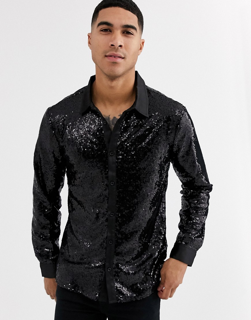 Aray all over sequin slim fit evening shirt-Black