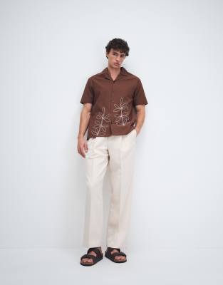 Besticktes Strandhemd in Braun mit Reverskragen-Brown Brown M