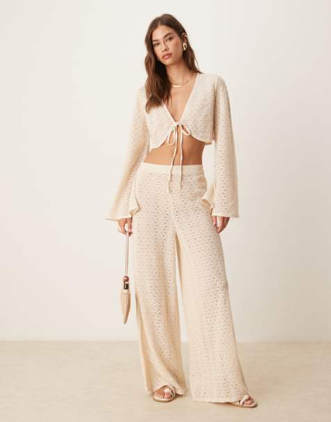 Aray crochet beach trouser co-ord in beige
