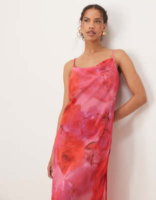 blurred floral print maxi beach dress in pink