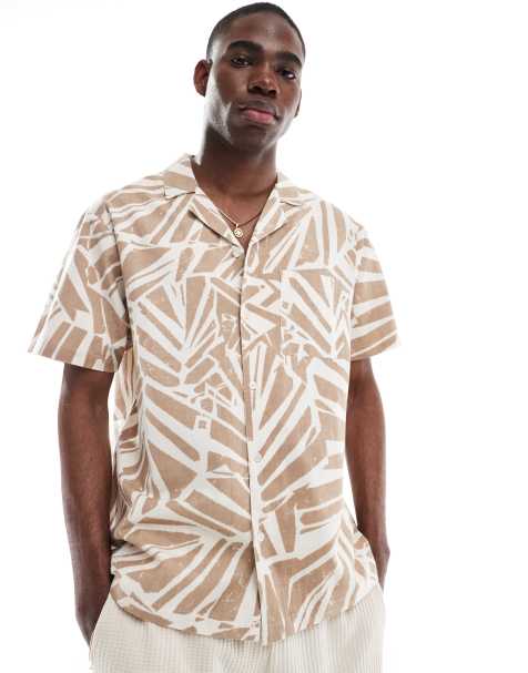 Aray abstract print resort beach shirt in brown