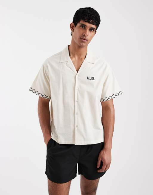 Aray - Camicia da mare beige con stampa di palme sul retro, 3 di 5