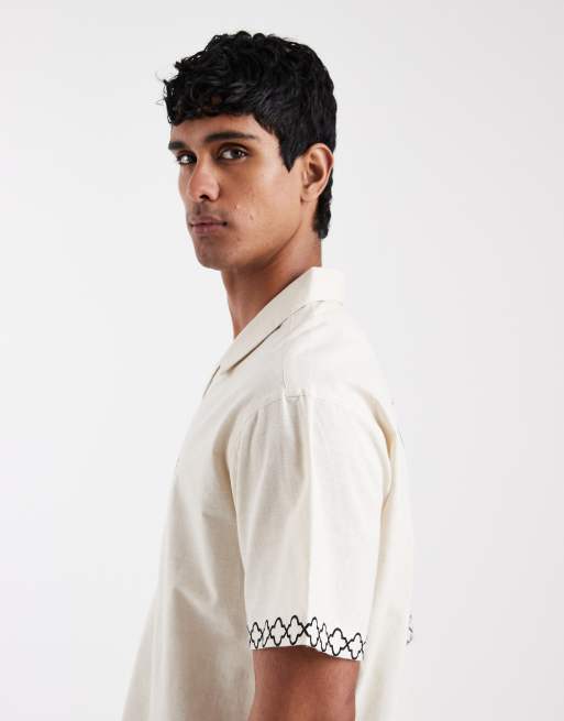 Aray - Camicia da mare beige con stampa di palme sul retro, 4 di 5