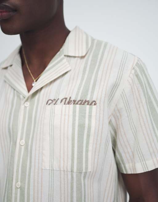 Aray - Camicia da mare beige kaki a righe con rever, 3 di 7