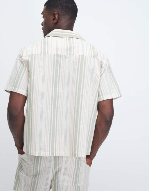 Aray - Camicia da mare beige kaki a righe con rever, 5 di 7