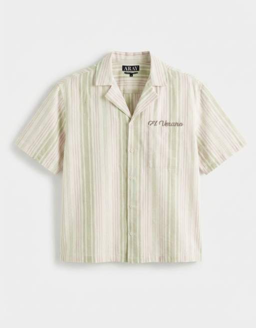 Aray - Camicia da mare beige kaki a righe con rever, 6 di 7
