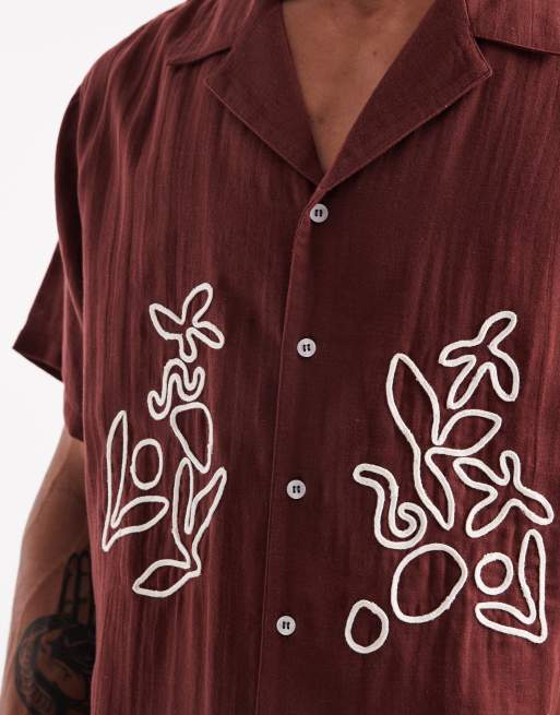 Aray - Camicia da mare bordeaux ricamata con rever, 3 di 5