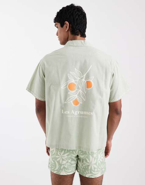 Aray - Camicia da mare verde salvia ricamata con rever - view 1