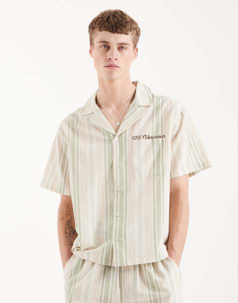 Aray camp collar beach shirt in beige khaki stripe - view 1