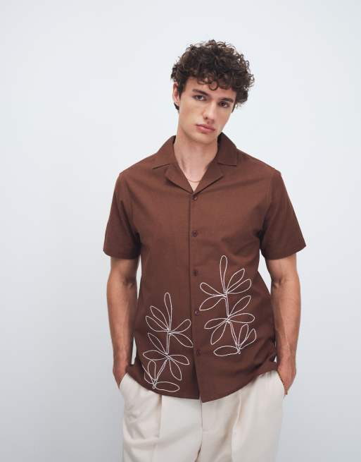 Aray - Chemise de plage brodée avec col à revers - Marron, 3 de 9