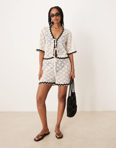 Aray crochet beach co-ord with contrast trim in white - view 1