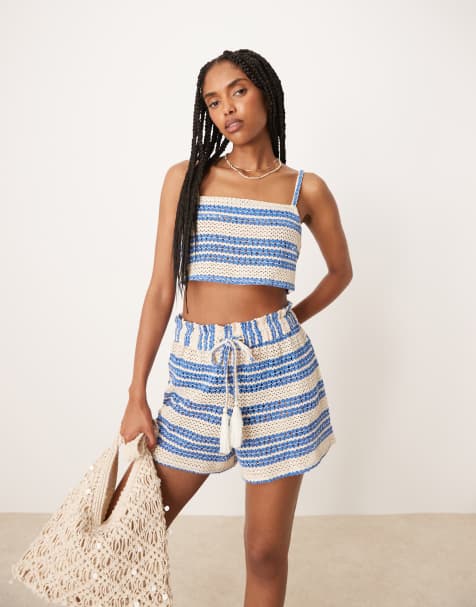 Aray crochet beach crop top in blue stripe (part of a set) - view 1