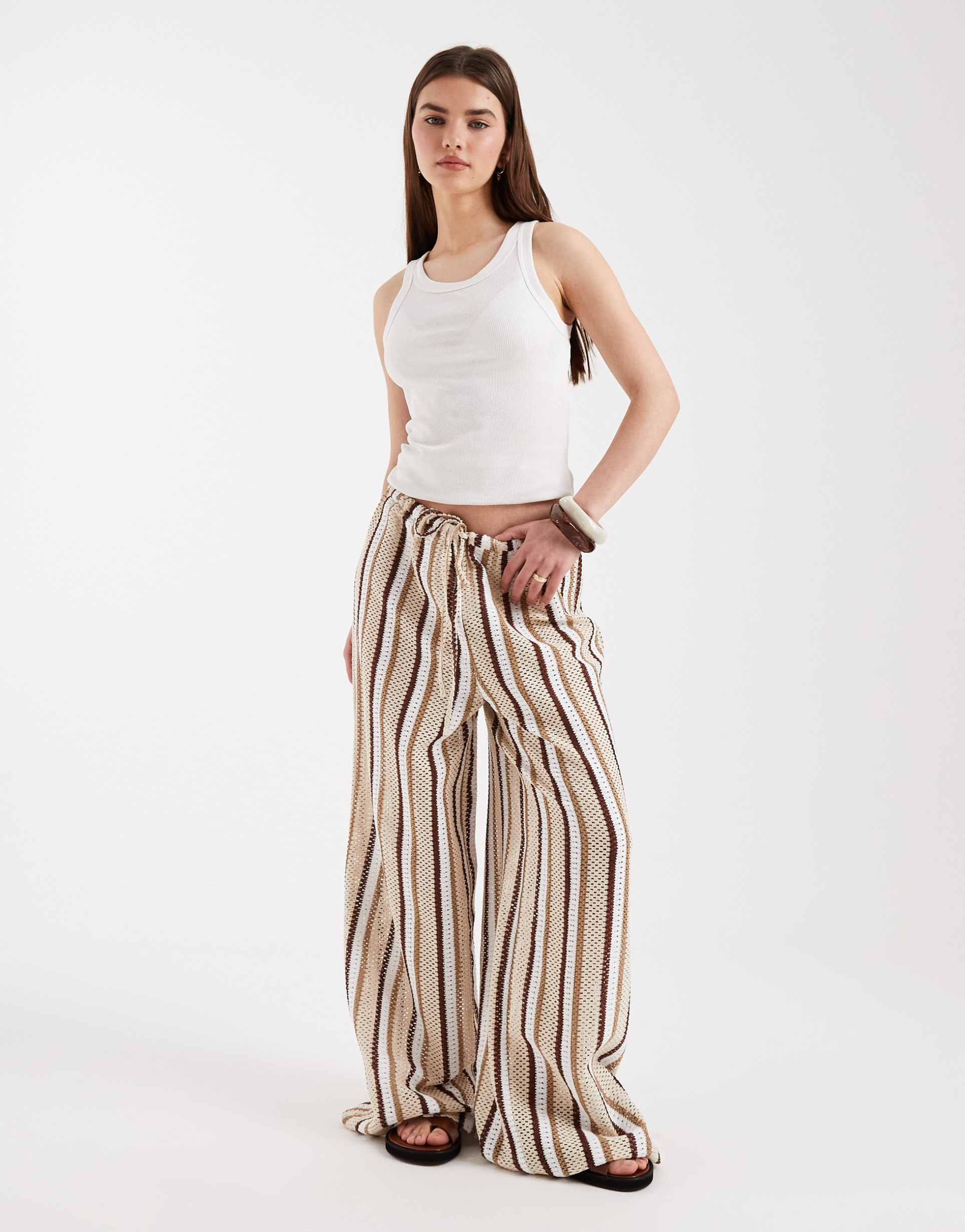 aray crochet beach pants in brown stripes