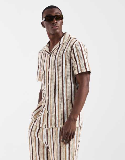 Aray crochet camp collar beach shirt in brown stripe - view 1