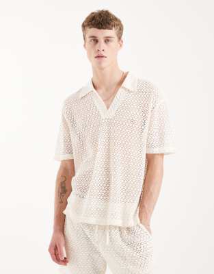 Aray crochet knit polo top in white white