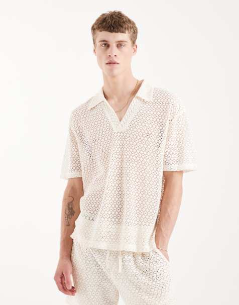 Aray crochet knit polo top in white - view 1