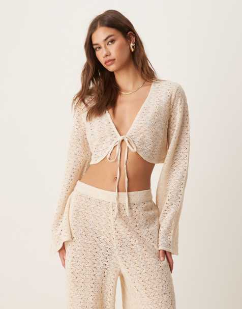 Aray crochet long sleeve beach top in beige (Part of a set) - view 1