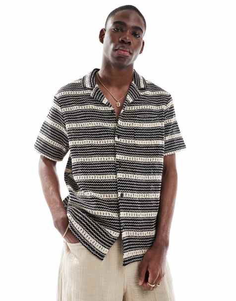 Aray crochet short sleeve beach shirt in black and cream - view 1