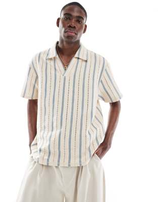 Aray Aray crochet stripe polo beach shirt in cream and blue-Multi