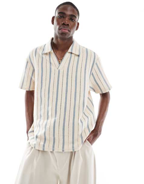 Aray crochet stripe polo beach shirt in cream and blue - view 1