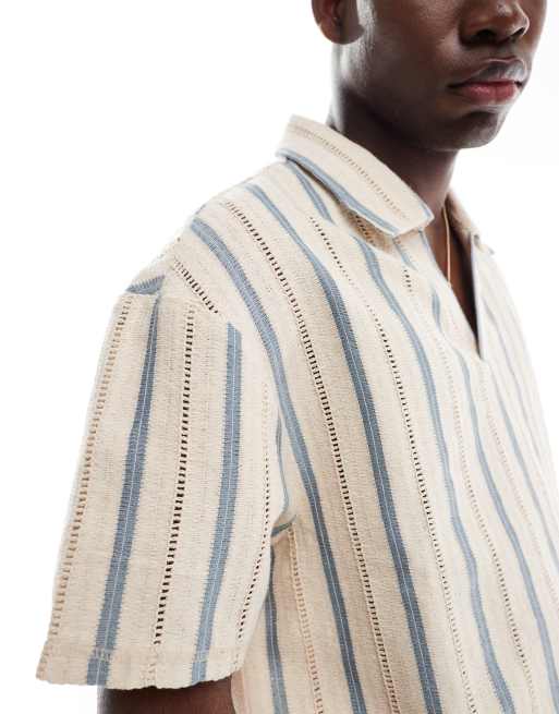 Aray crochet stripe polo beach shirt in cream and blue