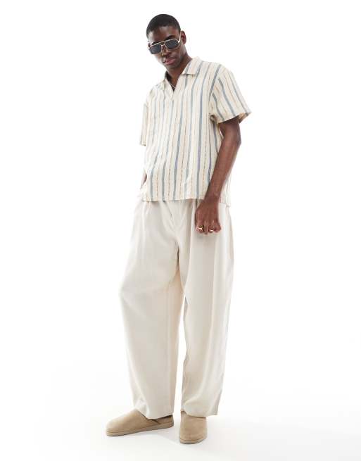 Aray crochet stripe polo beach shirt in cream and blue