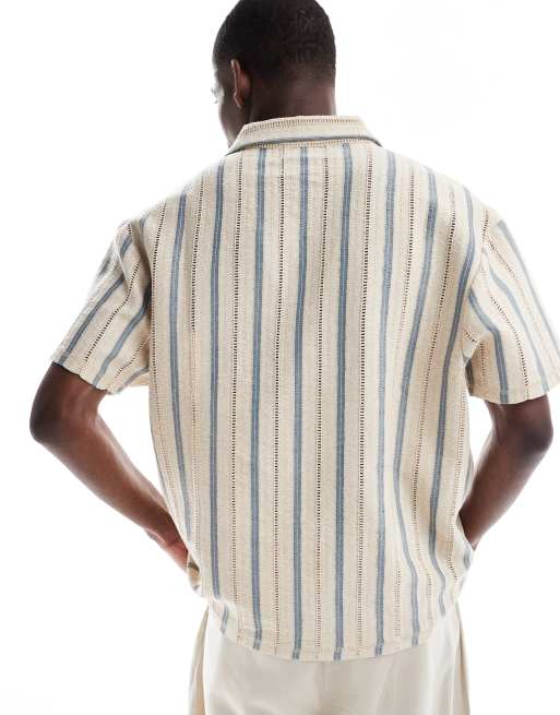 Aray crochet stripe polo beach shirt in cream and blue