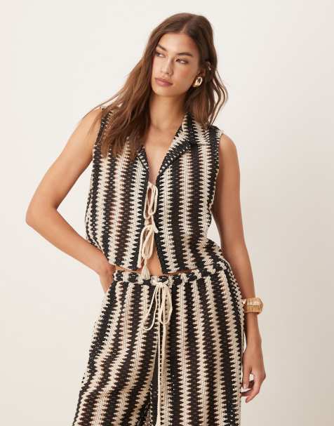 Aray crochet striped beach waistcoat co-ord in black