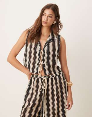 Aray Aray crochet striped beach waistcoat co-ord in black