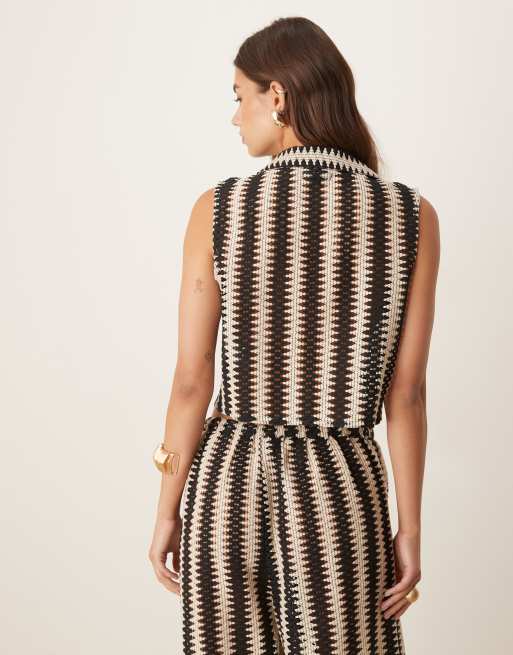Aray crochet striped beach waistcoat co-ord in black, 3 of 4